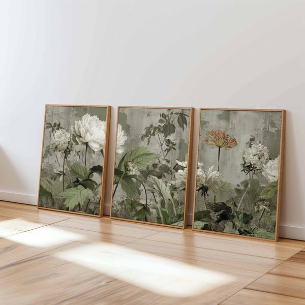 Conjunto de 3 gravuras botânicas vintage, arte de parede floral em tons de verde e bege.