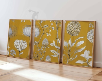 Mustard Yellow Botanical Print Set, Vintage Plant Wall Art