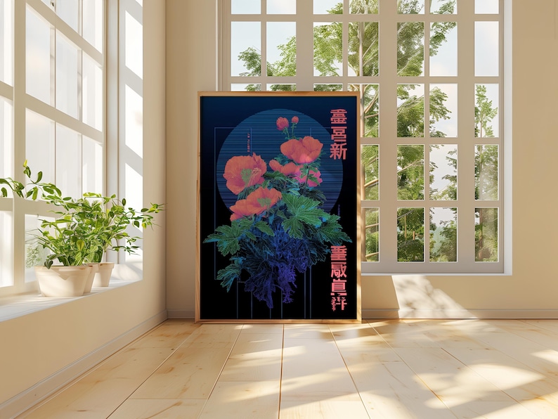 May include: A framed art print featuring a floral design with red and pink flowers, green leaves, and blue accents against a dark background. The artwork includes Japanese text and is displayed in a well-lit room with a window.