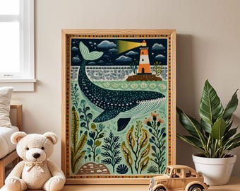 Whale In The Sea Nursery Poster | Ocean Wall Art for Kids Room | Coastal Animal Print | Nursery Wall Art | Kids Bedroom or Playroom | Gift