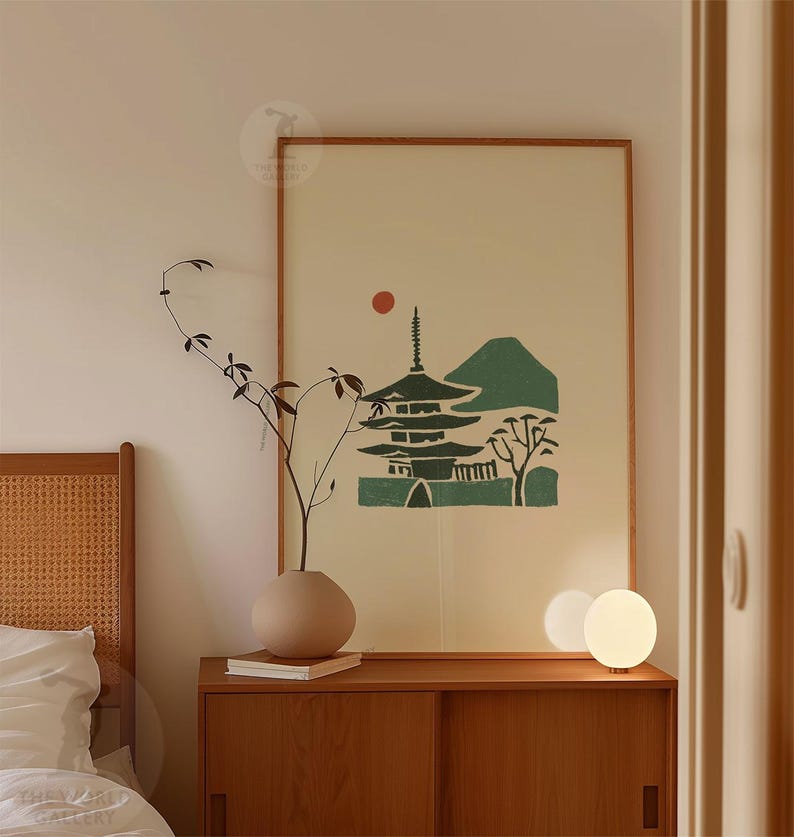 Pagoda Mountain Minimal Poster | Japanese Style Landscape Art | Sun ...