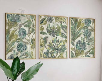 Green Botanical Print Set, Vintage Leaf Wall Art, Rustic Decor