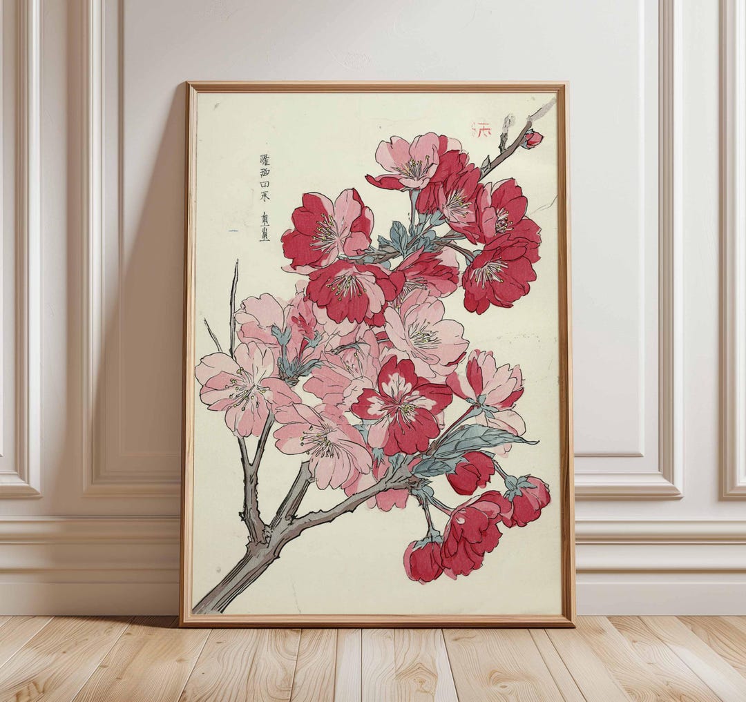 Japanese Cherry Blossom Wall Art Print, Red and Pink Sakura Botanical ...
