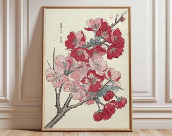 Japanese Cherry Blossom Wall Art Print, Red and Pink Sakura Botanical Poster, Vintage Japanese Floral Artwork, Oriental Home Decor