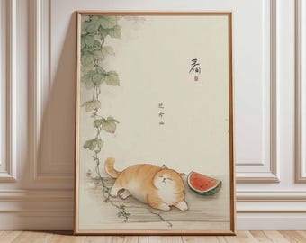 Japanese Cat Watermelon Print, Whimsical Kawaii Art