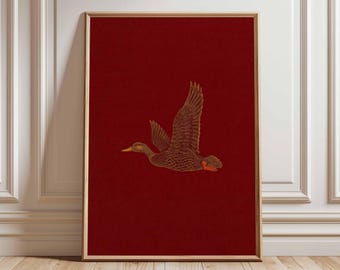 Stampa retrò di un'anatra volante, illustrazione vintage di animali selvatici
