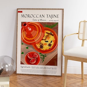 May include: A poster with a red and white illustration of a Moroccan tagine, a traditional clay pot used for cooking. The poster has the text "Moroccan Tajine" and "Taste of Morocco..." in black lettering. The poster also includes the text "Ingredients:" and lists the ingredients for the dish in English.