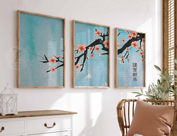 Japanese Cherry Blossom Art Print Set of 3, Floral Botanical
