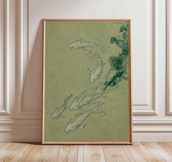 Koi Fish Poster, Japanese Minimalist Art Print, Zen Wall Art, Retro Ocean Decor, Mid Century Modern Fish Artwork, Vintage Poster Design