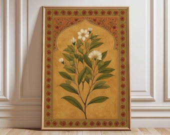 Indian Botanical Wall Art Print, Vintage Mughal Floral Poster, Traditional Flower Illustration, Oriental Decorative Artwork for Home