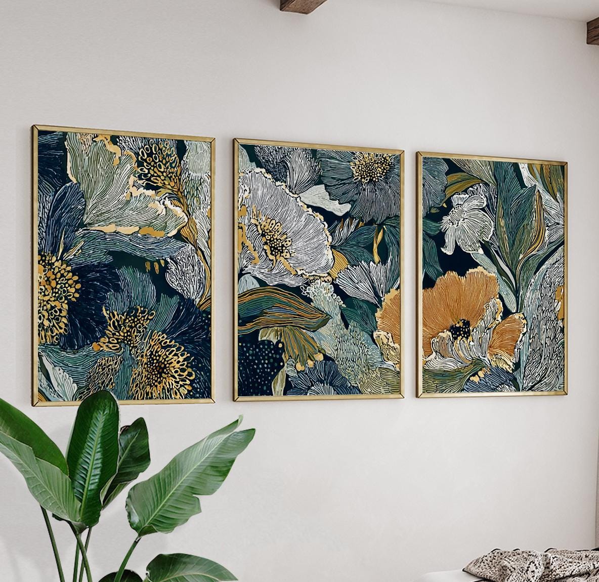 Dark Floral Botanical Wall Art Set | Navy Gold Flower Triptych Posters ...