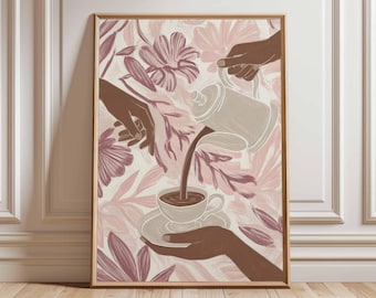 Floral Coffee Pour Art Print, Modern Kitchen Cafe Decor