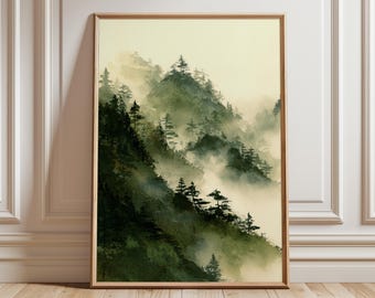 Misty Forest Wall Art, Green Landscape Print, Tranquil Nature Poster, Evergreen Tree Painting, Atmospheric Woodland Home Decor