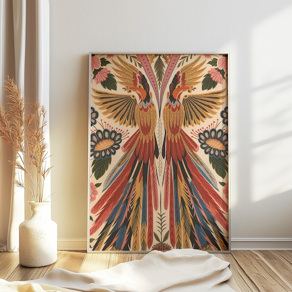 Plakat z meksykańskimi skrzydłami w stylu vintage, meksykański druk artystyczny z motywami kwiatowymi, tradycyjny wystrój meksykański, plakat z Ameryki Południowej w stylu vintage, wystrój latynoamerykański, prezent kulturowy