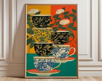 Vintage Tea Cup Still Life Art Print, Botanical Kitchen Decor