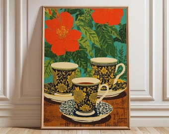 Vintage Tea Cup Poster, Botanical Still Life Art Print
