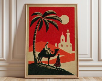 Vintage Sahara Reiseplakat, roter Sonnenuntergang Kameldruck
