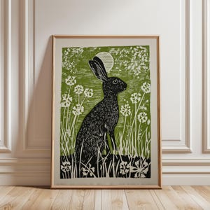 Hare i månbelyst äng, japanskt träsnittstryck