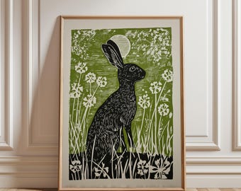 Hare in Moonlit Meadow Poster, Japanese Woodblock Art Print