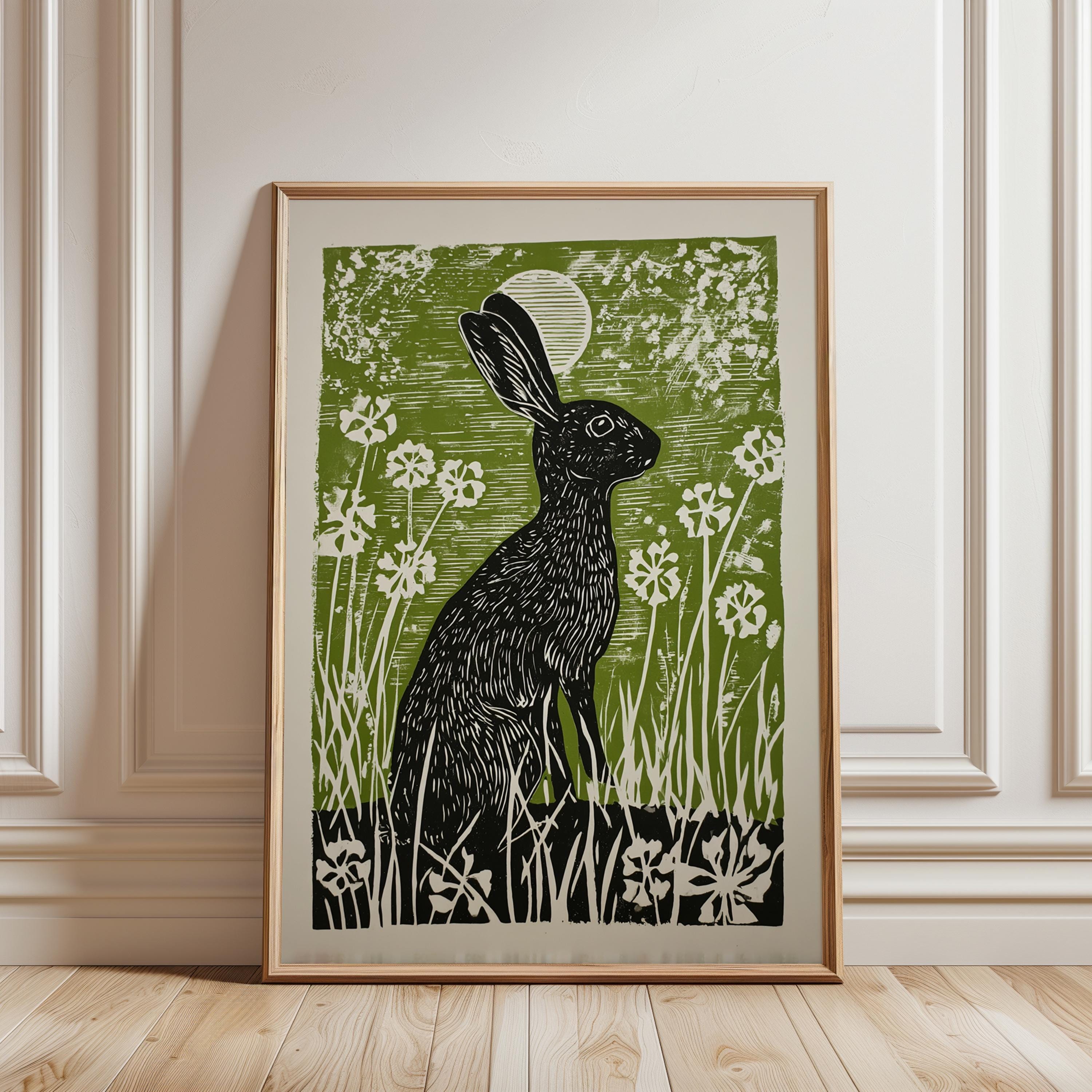 Hare in Moonlit Meadow Poster, Japanese Woodblock Art Print - Etsy