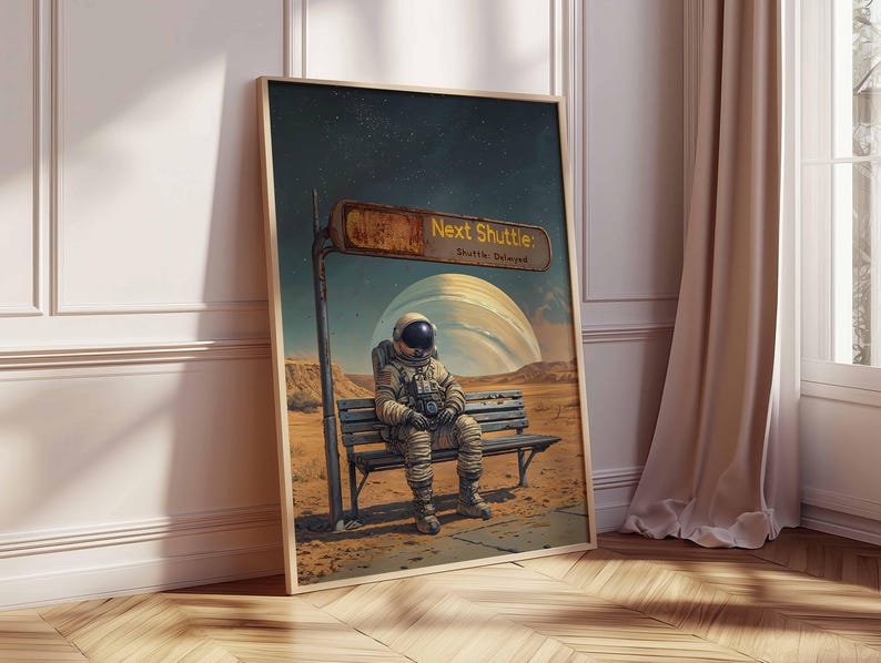 Op de afbeelding: Een digitale kunstprint van een astronaut die op een bankje in een woestijnlandschap zit. De astronaut draagt een wit ruimtepak met een blauwe vizier. Het bankje is gemaakt van hout en heeft een metalen frame. De achtergrond is een sterrenhemel met een grote planeet in de verte. Het bord boven het bankje luidt "Volgende Shuttle, Shuttle Vertraagd".