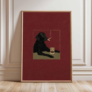 Smoking Dog Poster, Retro Funny Animal Wall Art, Cool Black Dog with Cigarette and Whiskey Print, Quirky Bar Lounge Home Decor