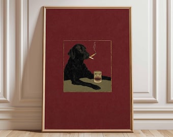 Retro Smoking Dog Print, Funny Animal Poster, Quirky Bar Decor