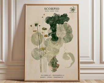 May include: A vertical rectangular wall art print featuring the word SCORPIO at the top, followed by WATER, PLUTO, FIXED, and a small scorpion icon. The central illustration depicts a dark green abstract figure surrounded by pale green lily pads.