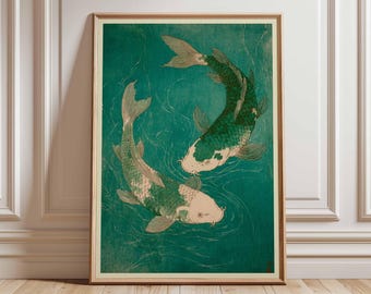 Japanese Koi Fish Poster, Minimalist Zen Art, Japandi Style (Print Only)