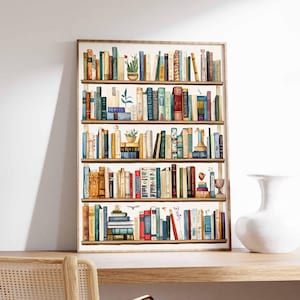 May include: A watercolor painting of a bookshelf filled with books. The bookshelf has five shelves and is filled with a variety of books, including some with colorful spines. There are also a few plants and other decorative items on the shelves.