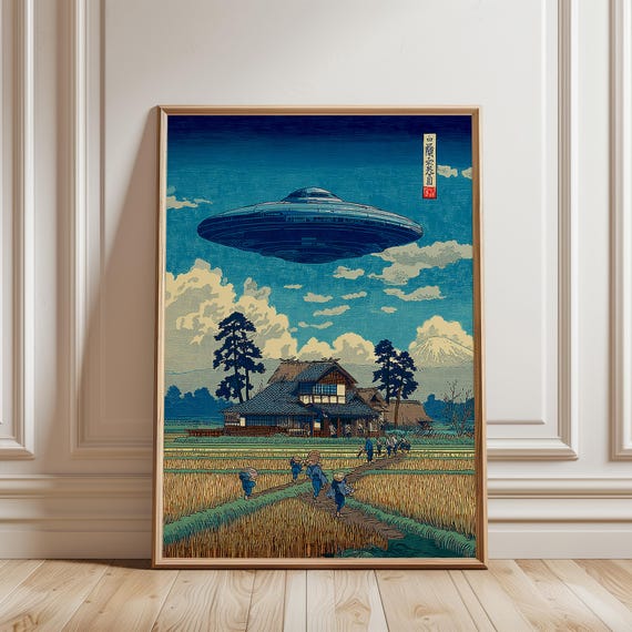 Japanese UFO Over Farmhouse Poster, Woodblock Art Print - Etsy