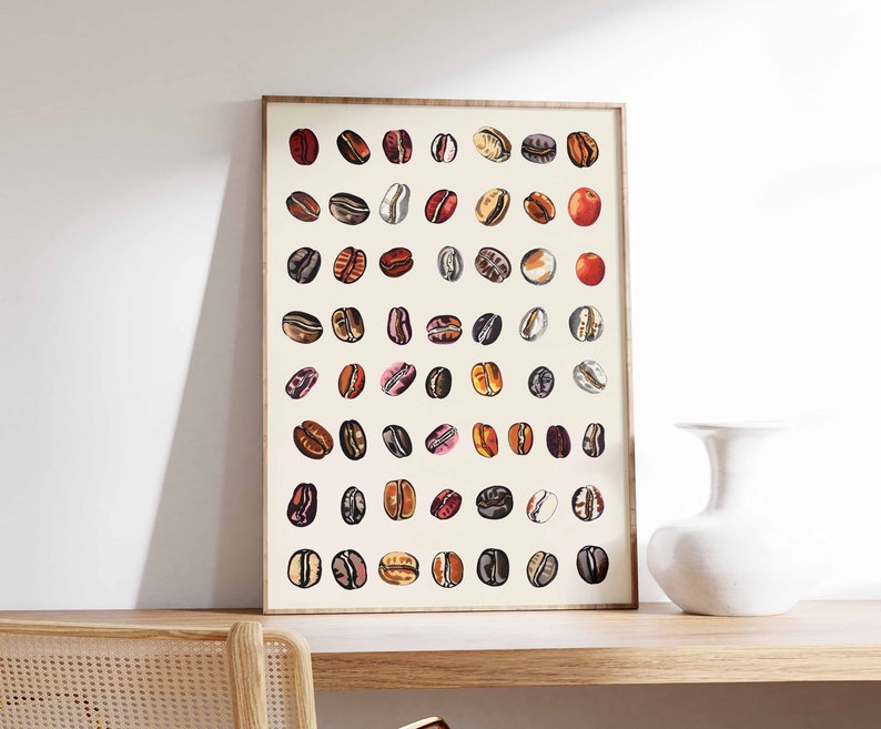 May include: A framed print of a grid of coffee beans in various colors and shades, including brown, red, and white. The beans are arranged in a grid pattern on a cream-colored background.