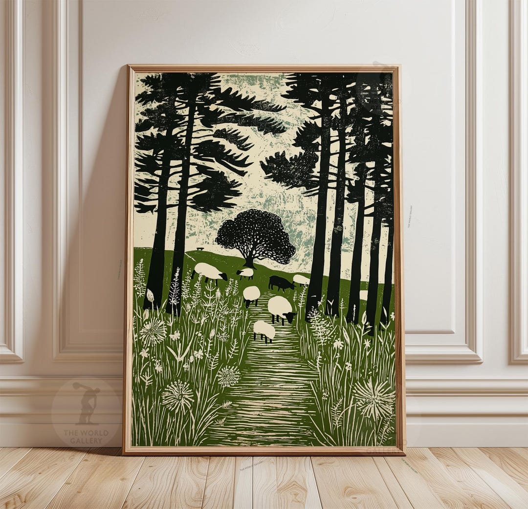Green Forest Sheep Poster | Woodland Path Landscape Wall Art Print ...
