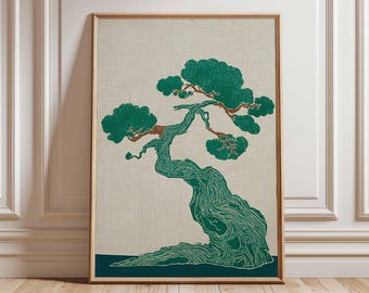 Japanese Bonsai Tree Line Art Poster, Minimalist Zen Decor
