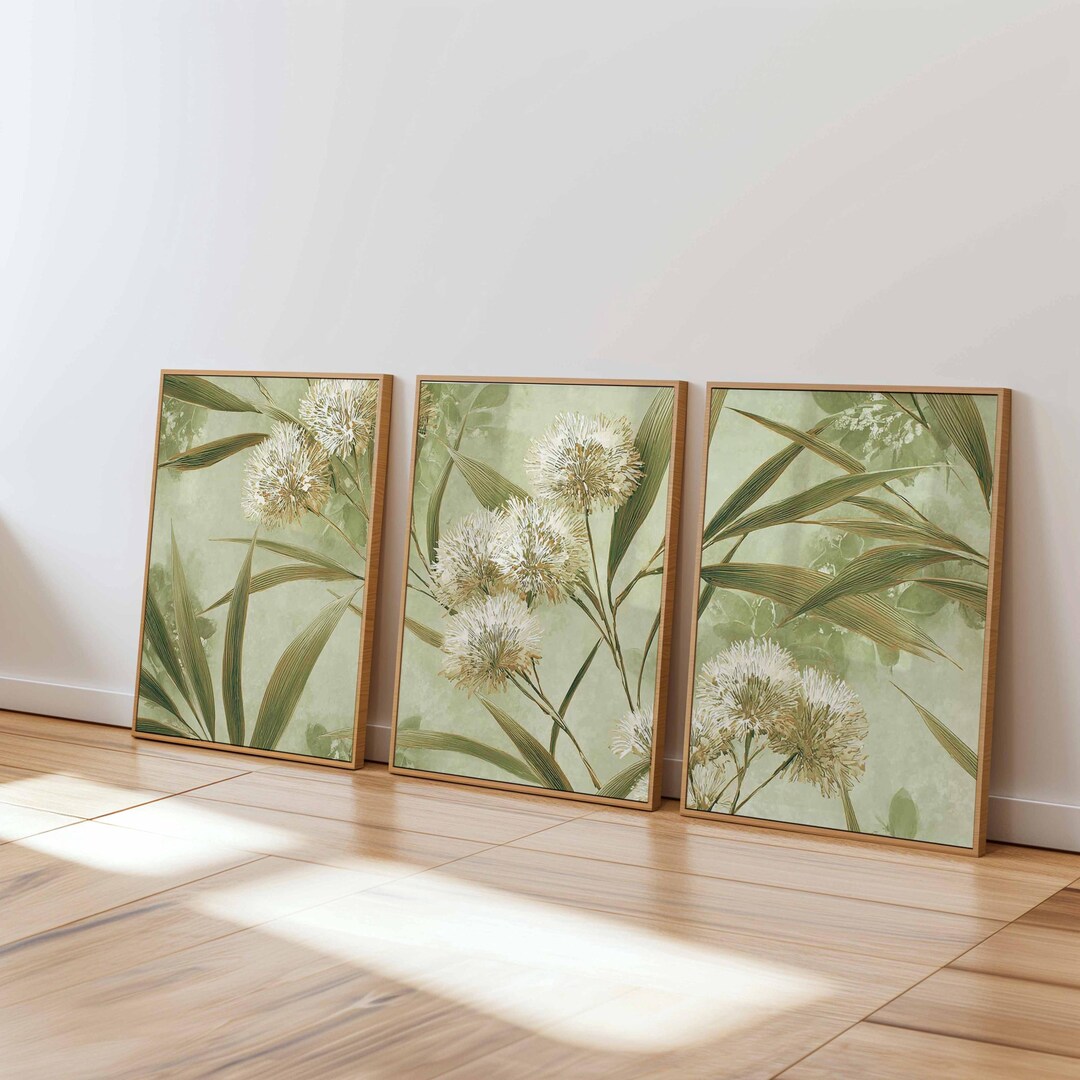 Sage Green Botanical Wall Art Set of 3, Minimal Floral Prints, Modern ...