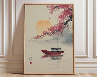 Bateau japonais et affiche de fleurs de cerisier, impression nature orientale, art mural paysage asiatique