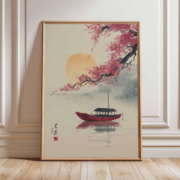 Japanese Boat and Cherry Blossom Poster, Oriental Nature Print, Asian Landscape Wall Art