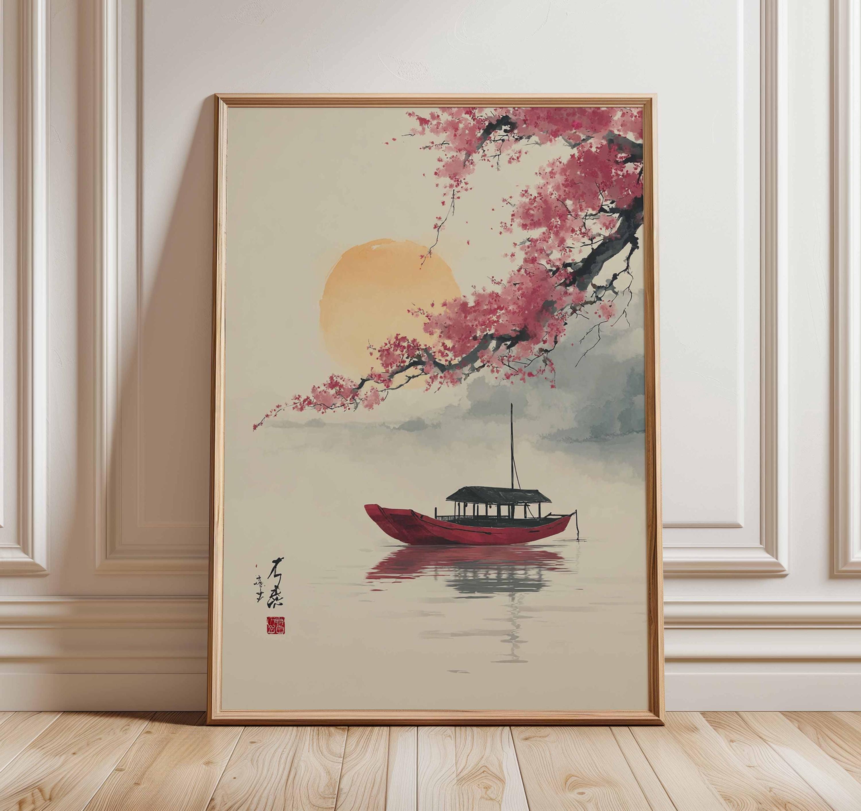 Japanese Boat and Cherry Blossom Poster, Oriental Nature Print