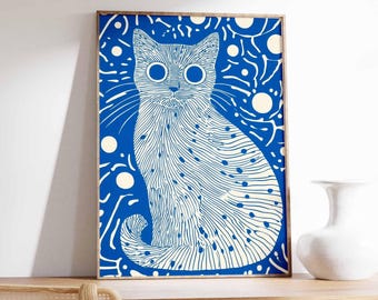 Blaue abstrakte Katze Kunstdruck, modernes minimalistisches Dekor