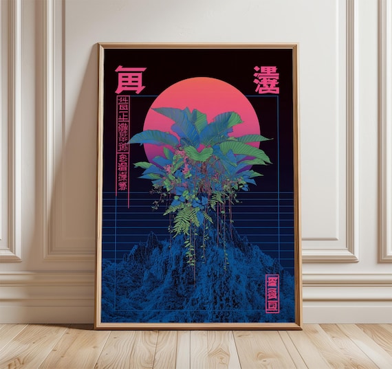 Japanese Cyberpunk Botanical Poster, Neon Moon Art Print - Etsy
