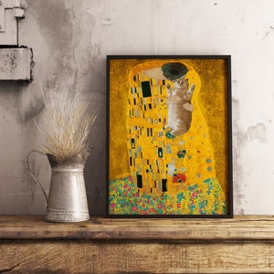 Gustav Klimt The Kiss Cat Print, Klimt Cat Poster, Cat Art, Floral Print, Wall Art Decor, Cat Lover Gift, A1/A2/A3/A4 image 2