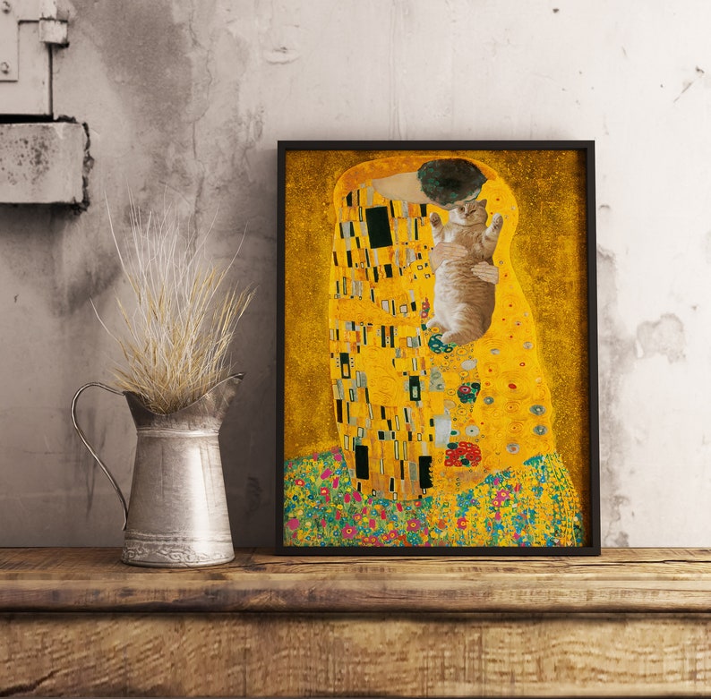 Gustav Klimt The Kiss Cat Print, Klimt Cat Poster, Cat Art, Floral Print, Wall Art Decor, Cat Lover Gift, A1/A2/A3/A4 image 2