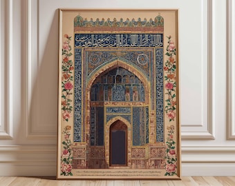 May include: Framed print depicting an elaborate archway with detailed blue and gold tile patterns. The artwork includes Arabic script and is bordered by a floral arrangement of pink and orange roses. The print is displayed on a wooden floor.