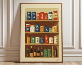 Aziatische voorraadkast plank kunstprint, retro keukendecor