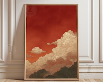 Poster Wolke Vintage Asiatische Himmel Illustration, Minimalistische Landschaftskunst