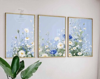 Set of 3 Wildflower Prints, Blue Floral Meadow Poster Trio, Botanical Wall Art for Bedroom and Living Room