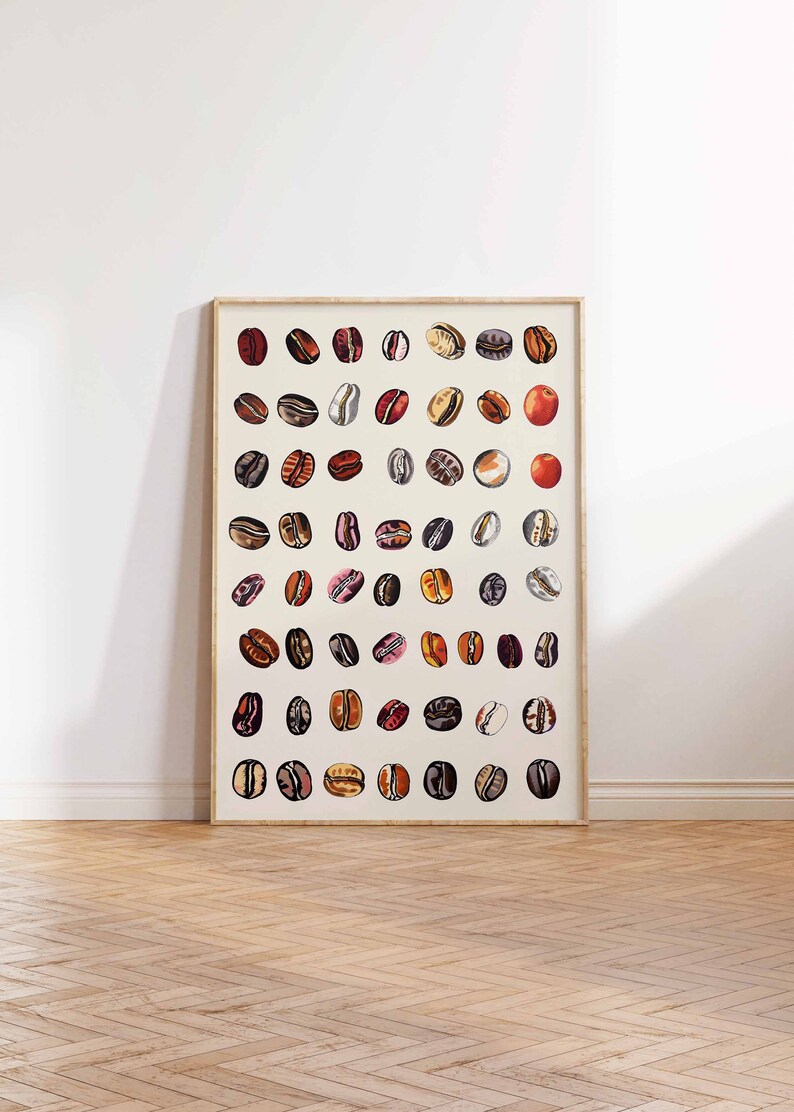 May include: A framed print of a collection of coffee beans, each with a unique color and pattern. The beans are arranged in rows on a white background.