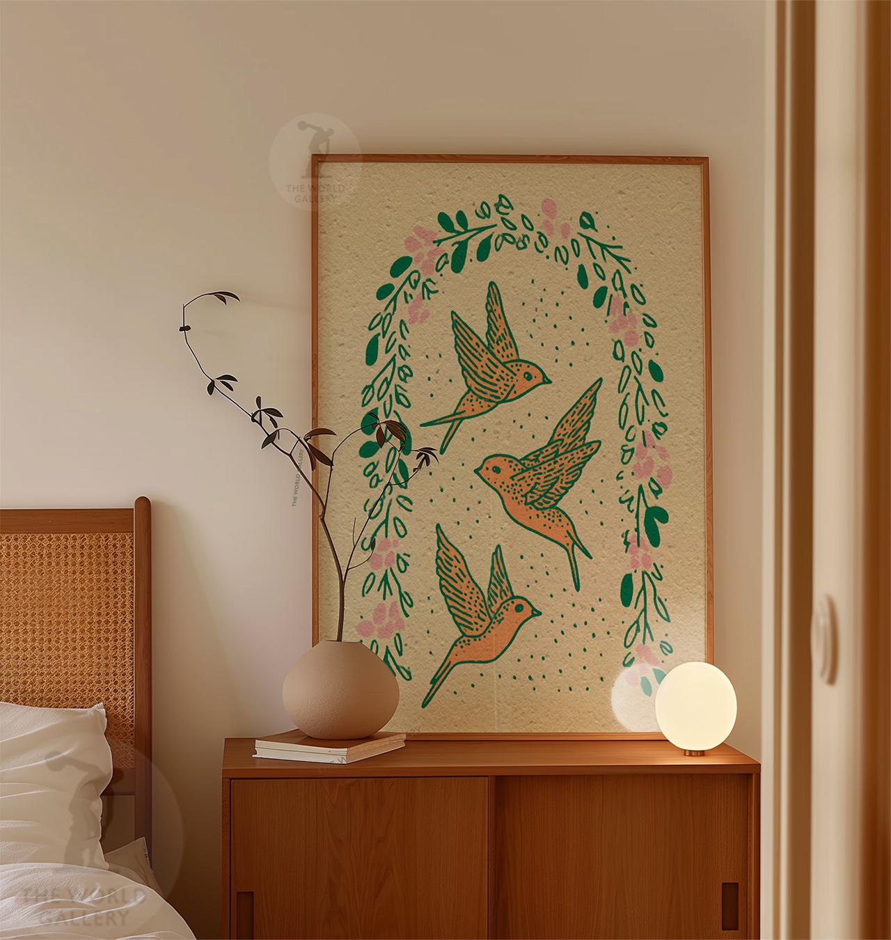 飛んでいるツバメの鳥のポスター | 植物画の鳥のイラスト