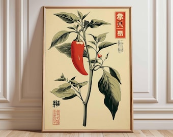 Japanse chilipeperprint, vintage botanische illustratie, keukenmuurkunst