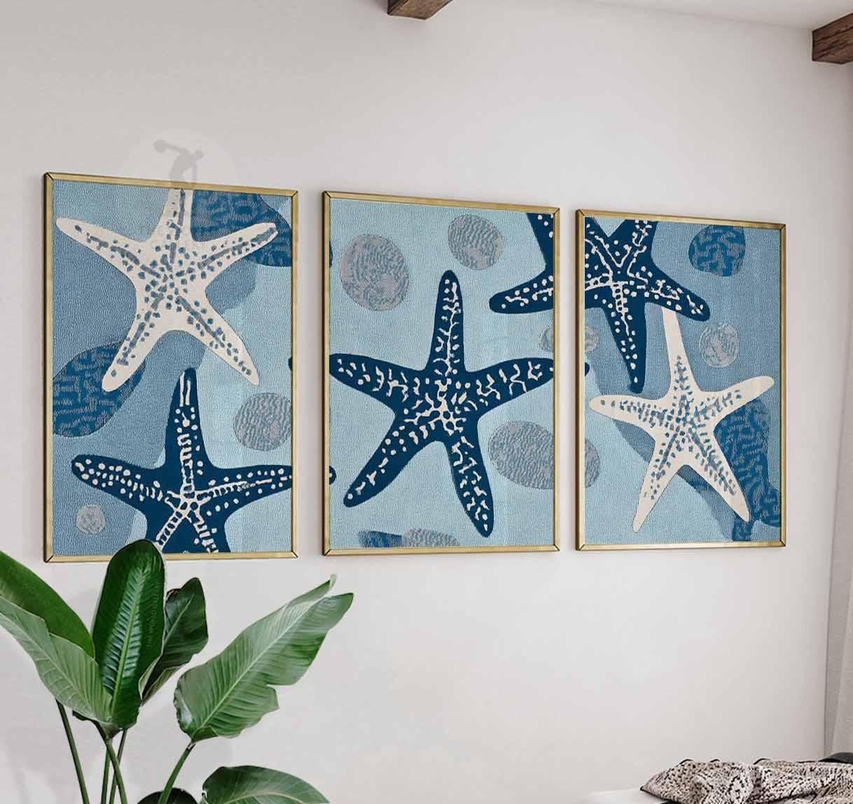 Set of 3 Starfish Wall Art Prints, Coastal Beach Posters, Nautical